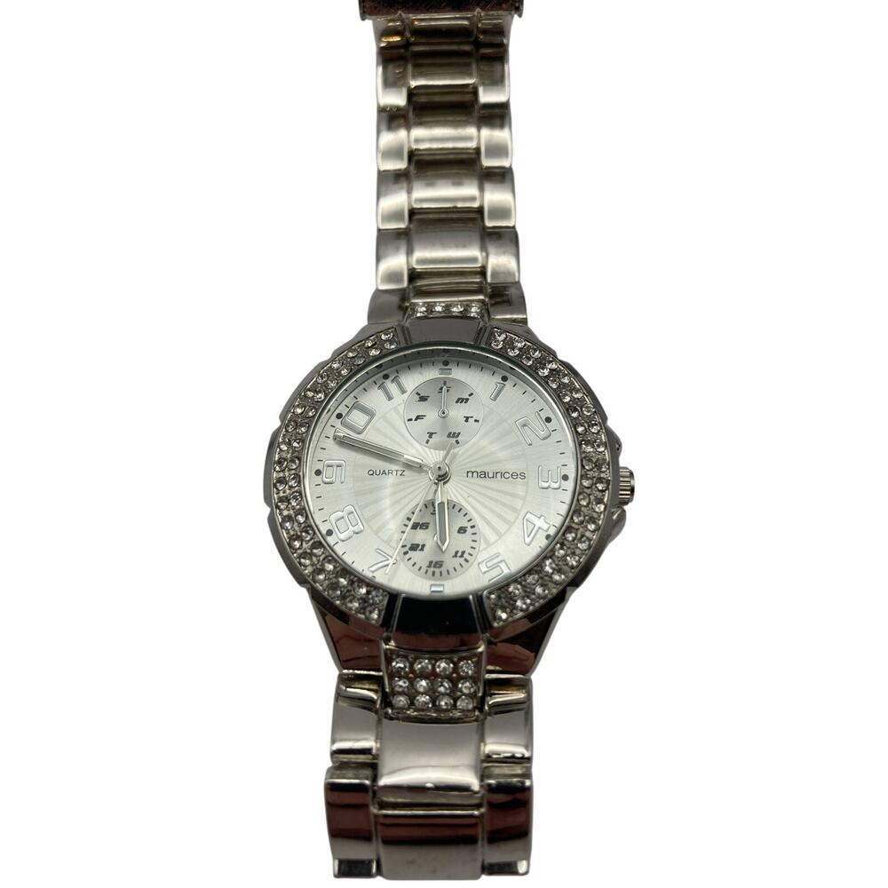 Sharp Looking Maunces Quartz Watch Silver Tone With Gems New Battery